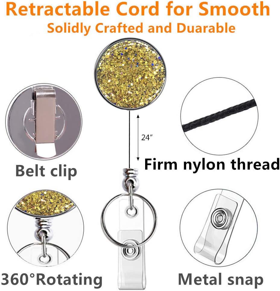 Wholesale Badge Reels UV Electroplated Resin Glitter Sequins Epoxy Badge Reel Retractable Keychain